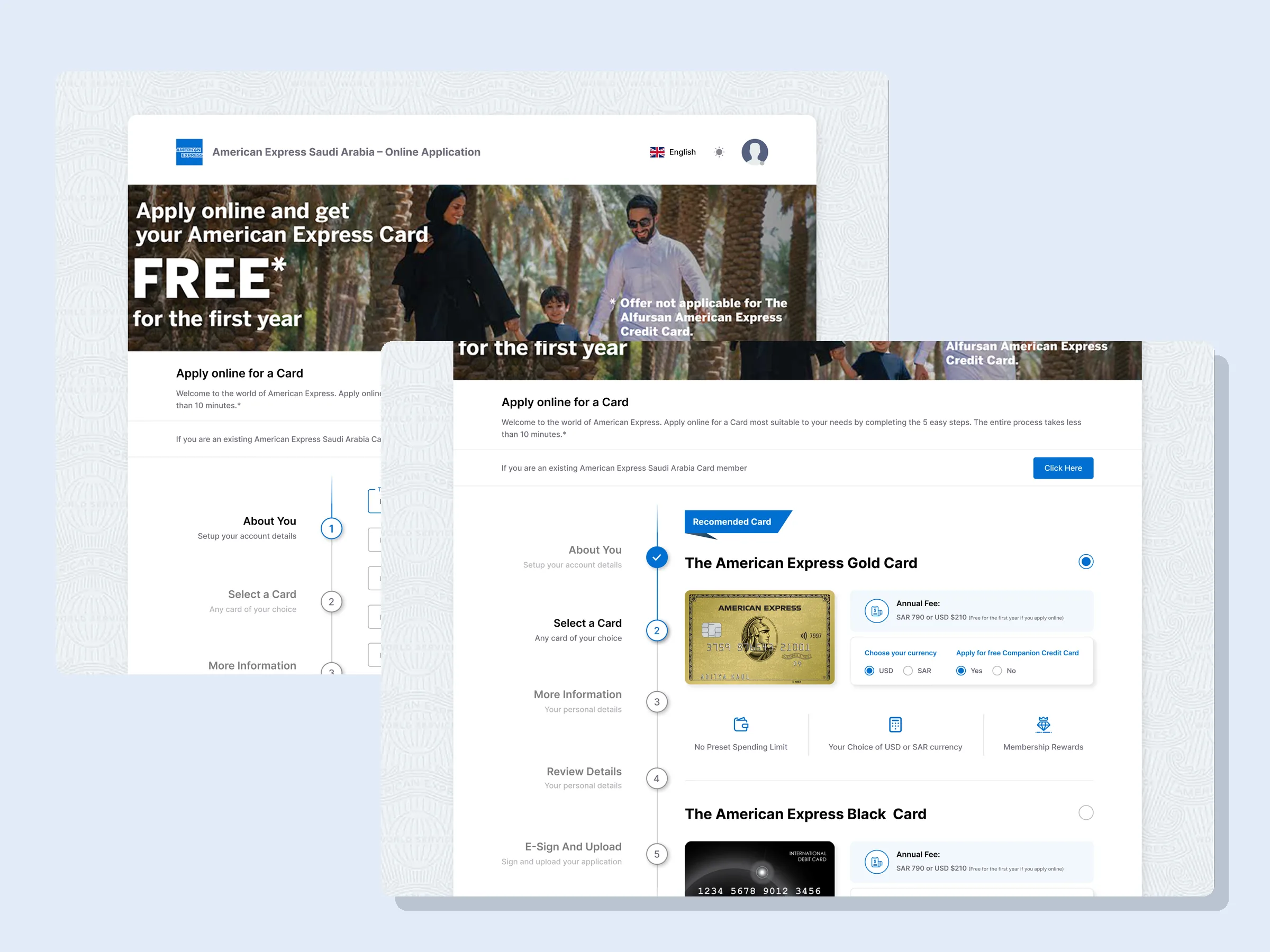 American Express E-Apply, Online card application, Saudi Arabia UI design