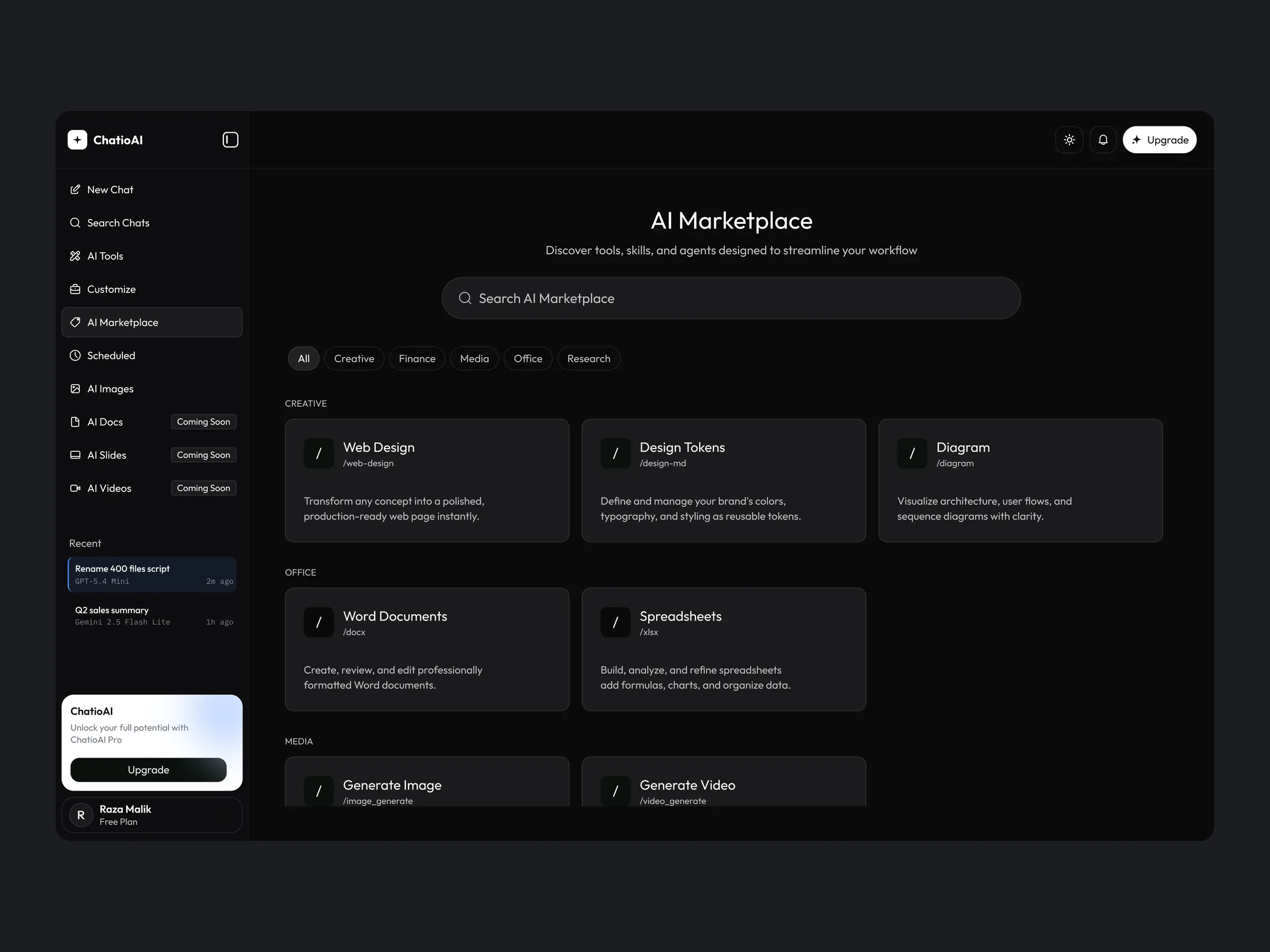 AI Marketplace of tools, skills and agents (dark)