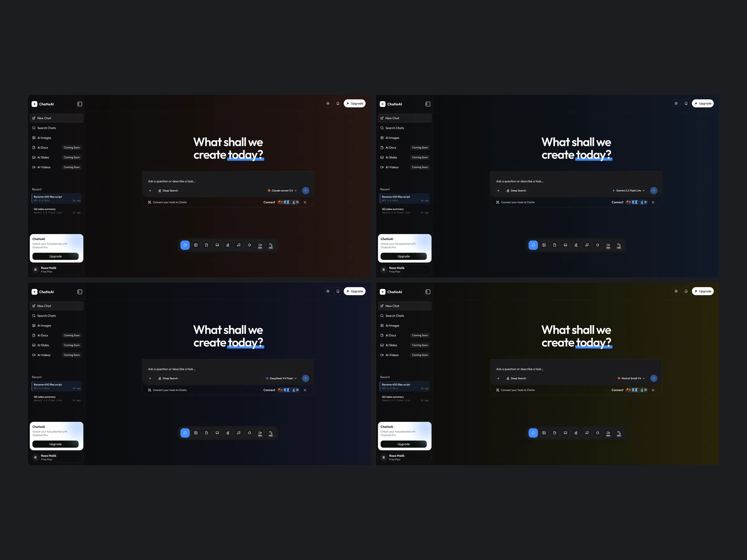 Dark mode tints to the selected model: Claude, Gemini, DeepSeek, Mistral