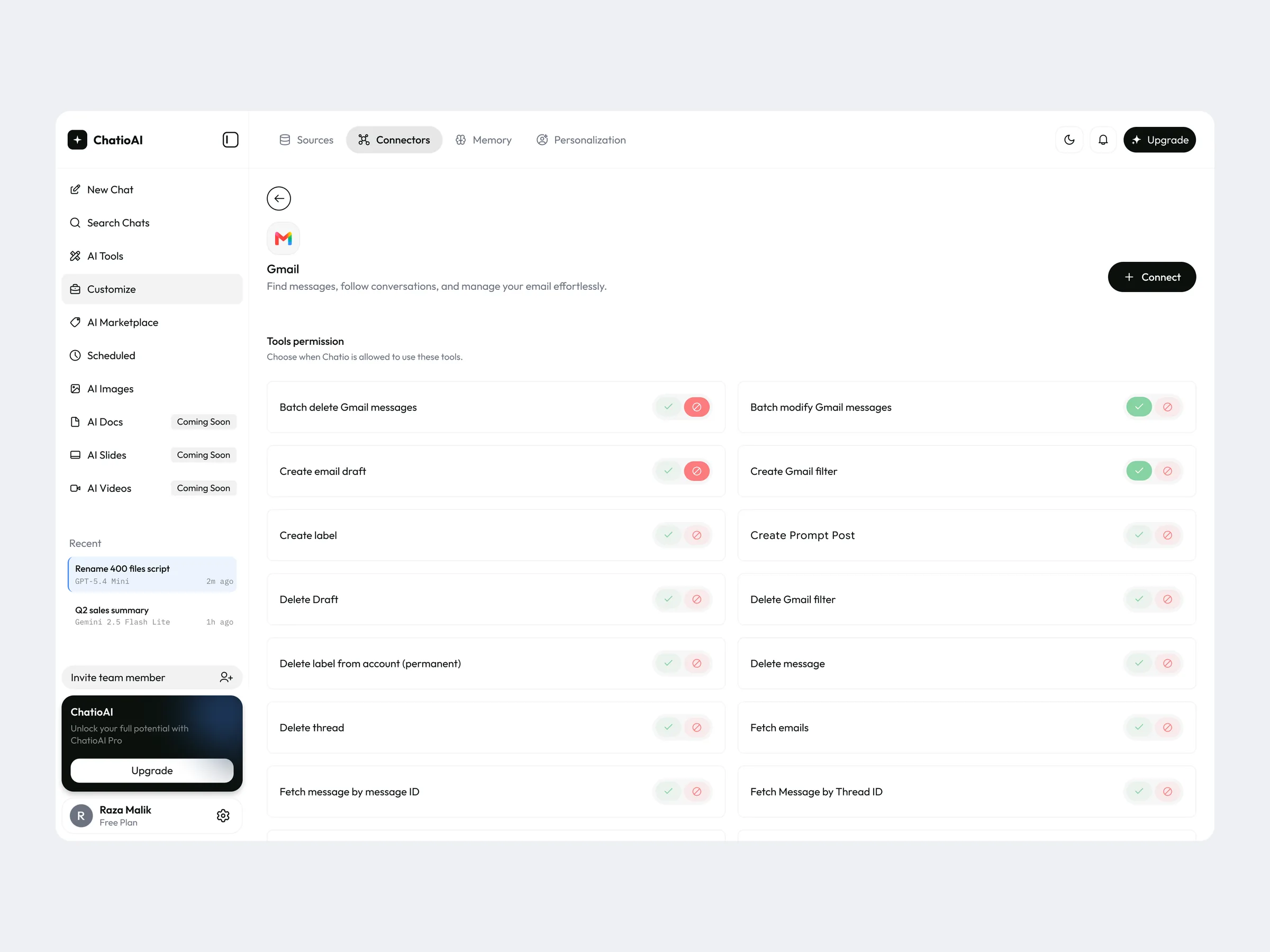 Connector permissions: allow or block each action