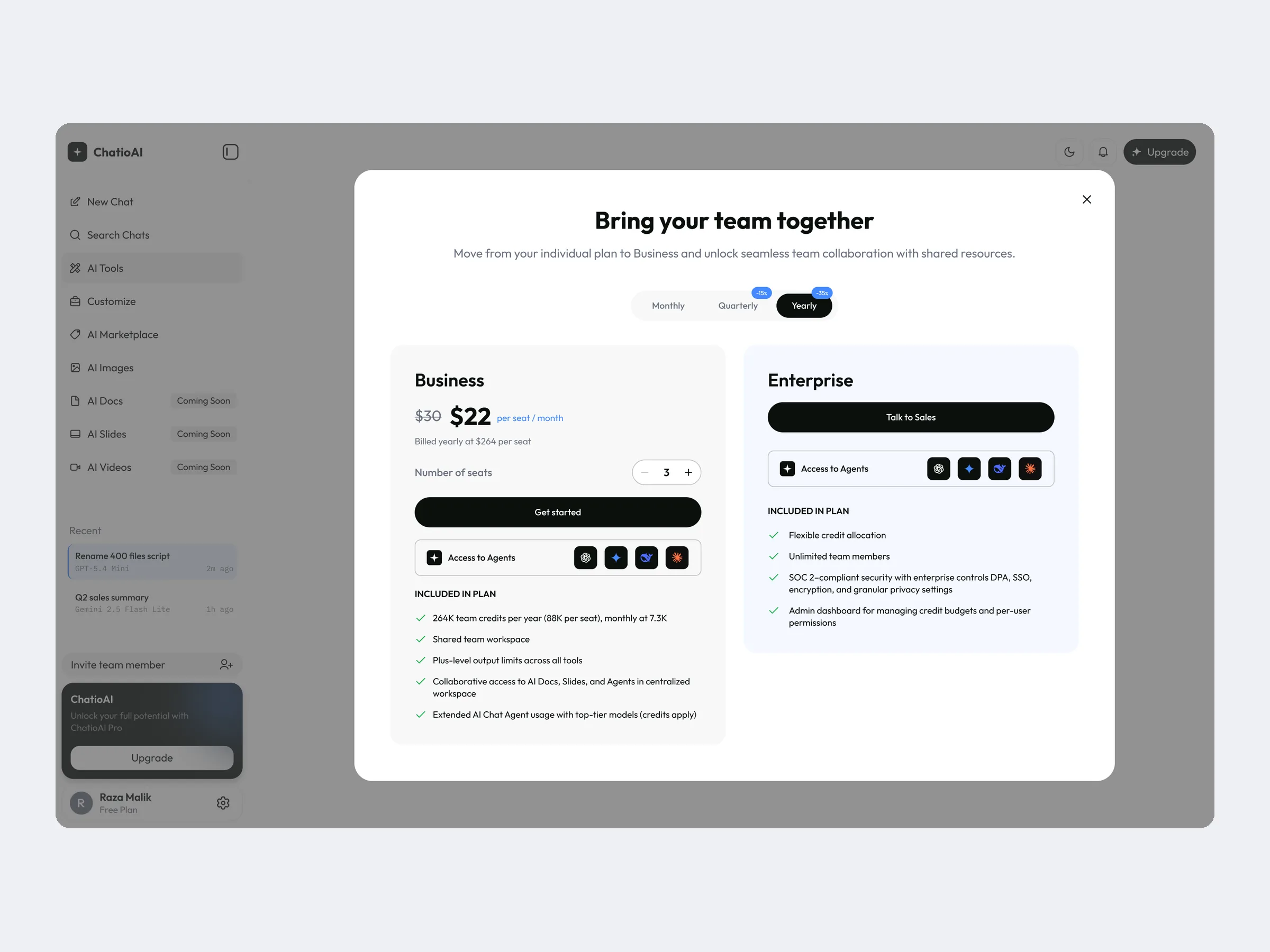 Team plans with seat-based pricing and an Enterprise path