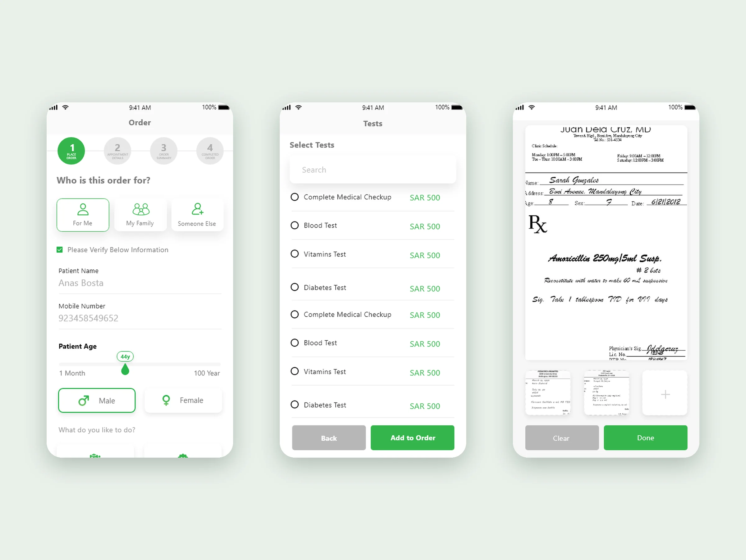 Patient details, test list and prescription upload