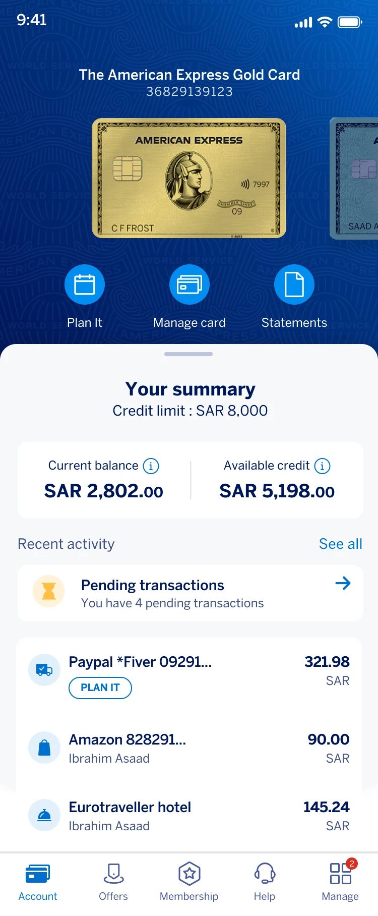 American Express app home screen in English