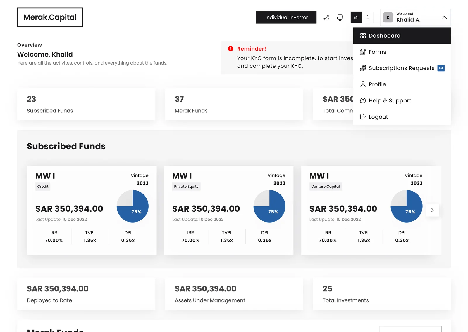 Merak Capital investor dashboard in English