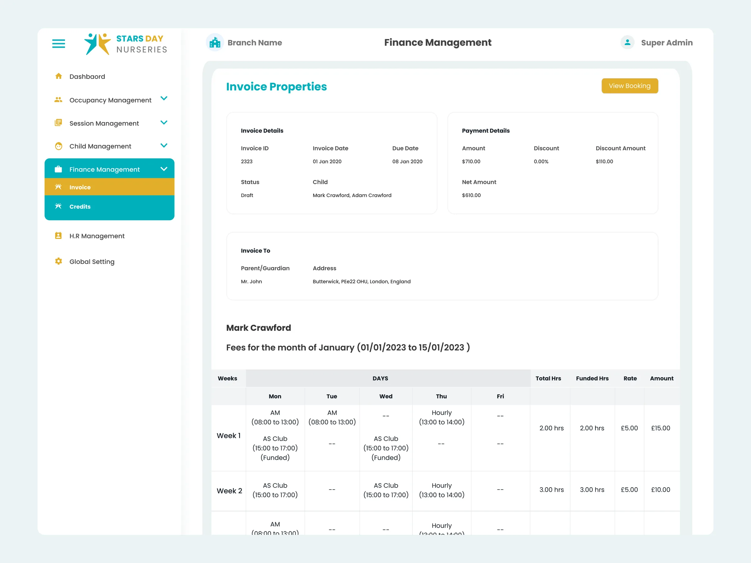 One invoice covering several children, week by week