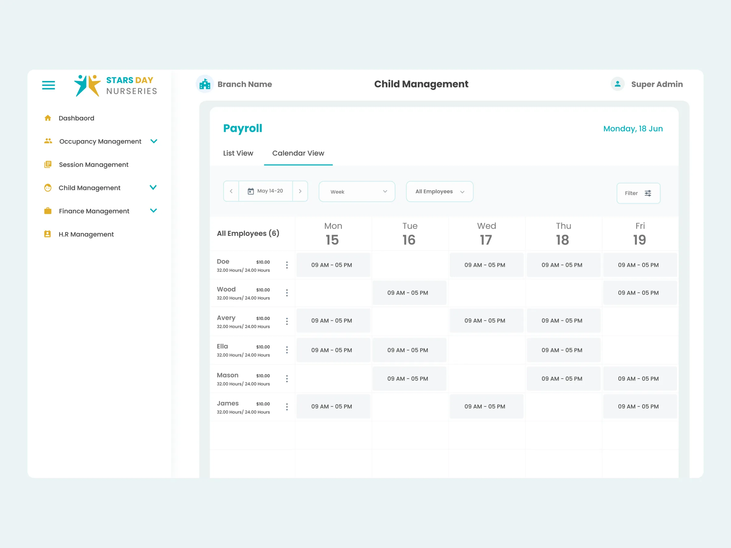 Payroll calendar with hours and rates